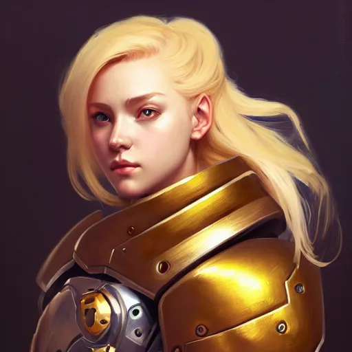 Image similar to Portrait of a girl with blonde hair wearing a heavy knight armor, Overwatch inspired, golden accents, face, fantasy, intricate, elegant, highly detailed, digital painting, artstation, concept art, smooth, sharp focus, illustration, art by Wei Fan and Fernanda Suarez and Artem Demura and alphonse mucha