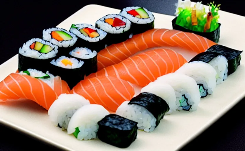 Image similar to a computer keyboard in the style of a sushi platter