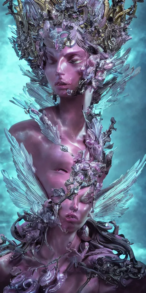 Image similar to female angel queen head wearing shiny pink crown, subtle purple accents, hyper details, black metal rococo, sculpted by Alex Alice, Craig Mullins, yoji shinkawa, trending on artstation, beautifully lit, Peter mohrbacher, hyper detailed, elite, elegant, luxury, ray of light through smoke, CGsociety, hypermaximalist, golden ratio, neofuture, volumetric, octane render, weta digital, micro details, 3d sculpture