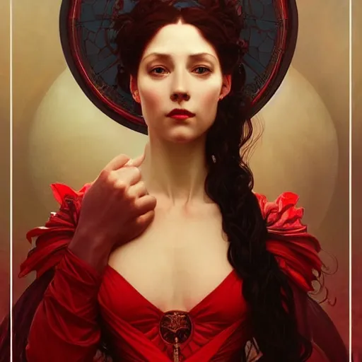 Image similar to portrait of red queen, intricate, elegant, highly detailed, digital painting, artstation, concept art, smooth, sharp focus, illustration, art by artgerm and greg rutkowski and alphonse mucha and william - adolphe bouguereau