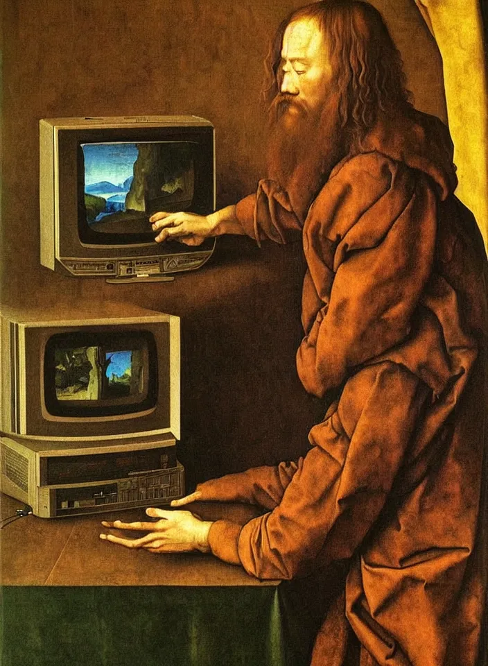 Image similar to Portrait of a man playing ATARI game on a CRT television. Painting by Albrecht Dürer. Intricate details. hyper realism. Masterpiece.