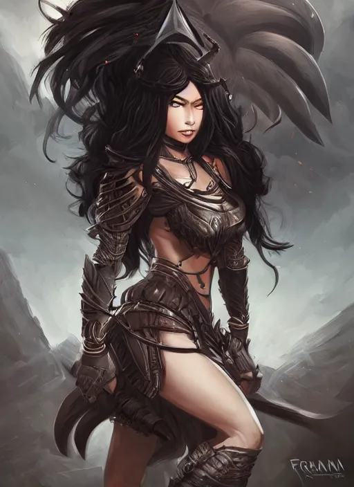 Image similar to beautiful warrior lady, black long hair, practical armor, brown skin, demonic eyes, low fantasy, extremely detailed, sharp focus, smooth, digital illustration, by rossdraws, frank franzzeta, sakimichan