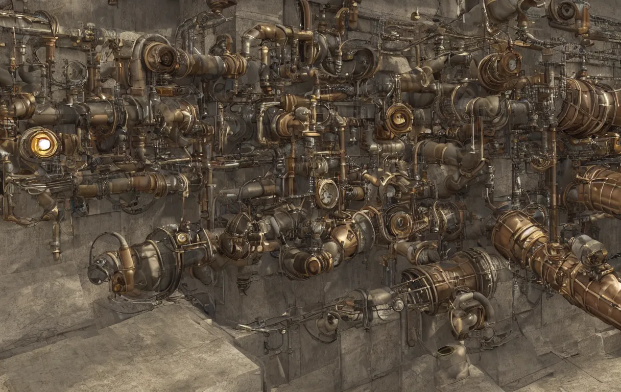 Prompt: realistic 3 d render of a steampunk pipeline with a single pipe going from the top left of the screen, to the top right, down, and going off in the bottom left of the screen