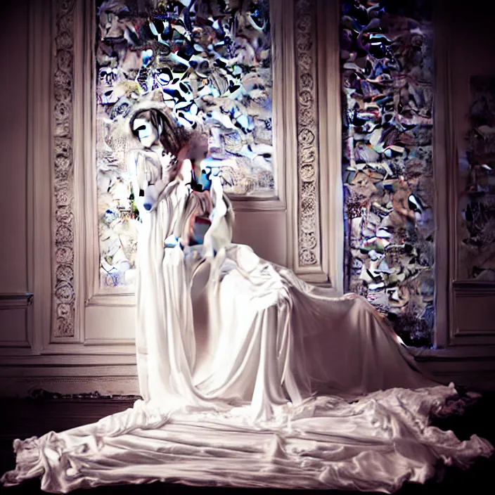 Image similar to portrait of a beautiful woman like a fallen angel, total body dressed in long intricate ornamental white dress, fine art photography by Lindsay Adler, sitting in an hall of an haunted house professional studio lighting, volumetric lighting, dark colors , hyper realistic kodak photography