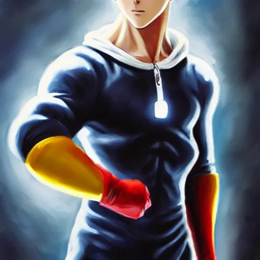 Prompt: a realistic oil painting of a live action saitama from one punch man. Many details, heroic pose