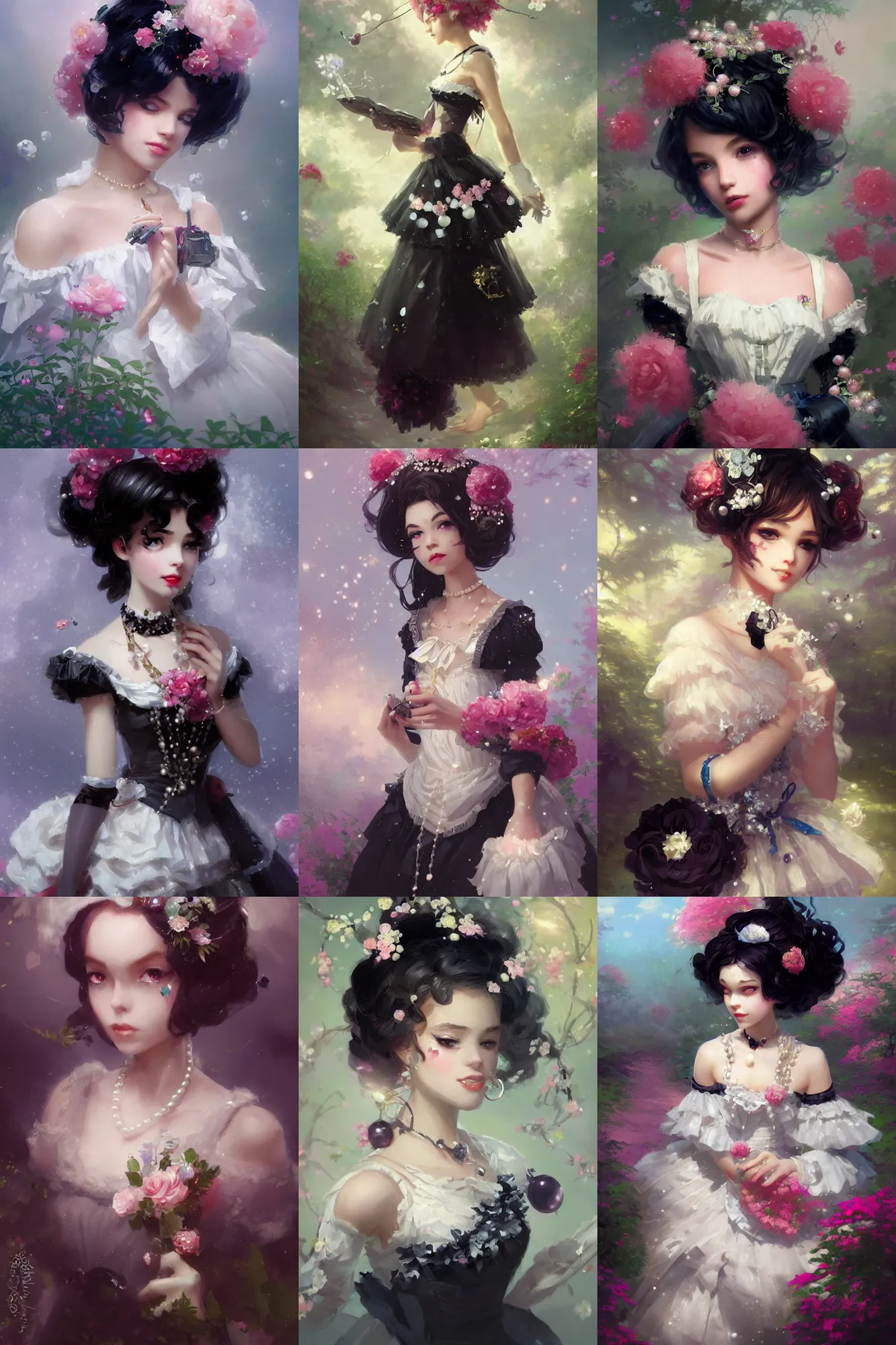 Prompt: a beautiful picture of black lolita with pearls, gem, flowers design by greg rutkowski and thomas kinkade, trending on artstation