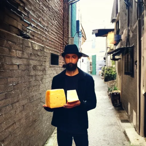 Prompt: photo of a very suspicious shady man holding cheese in a dark alleyway