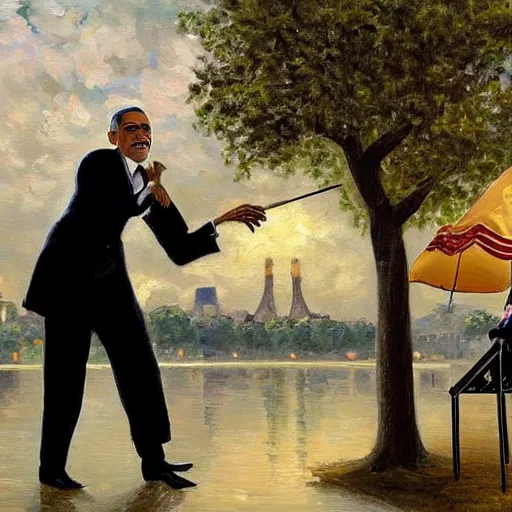 Image similar to obama is dressed as a gentleman at early 2 0 th century paris. he is watching an easel. that easel has a canvas on it. barack obama has a brush on his hand. he is painting a painting. there is a small brown cat with yellow eyes on barack obamas feet. on background has river seine, morning sun, dark clouds, lightning, by frank miller