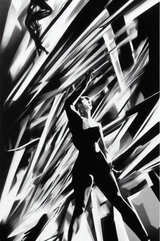 Prompt: wideangle action, a wild beautiful ballet techno dancer entangled by black tendrils of reality, madness, decoherence, synthwave, glitch!!, fracture, vortex, realistic, hyperdetailed, concept art, art by syd mead, cubism