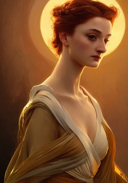 Image similar to sansa stark gold sunny lights, intricate, elegant, highly detailed, digital painting, artstation, concept art, smooth, sharp focus, illustration, art by artgerm and greg rutkowski and alphonse mucha and william - adolphe bouguereau