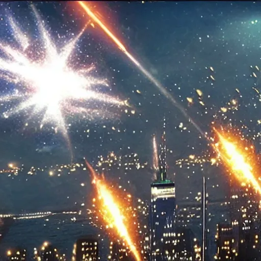 Prompt: Starship falling from tje sky on New York city, still from latest Michael Bay sci-fi movie