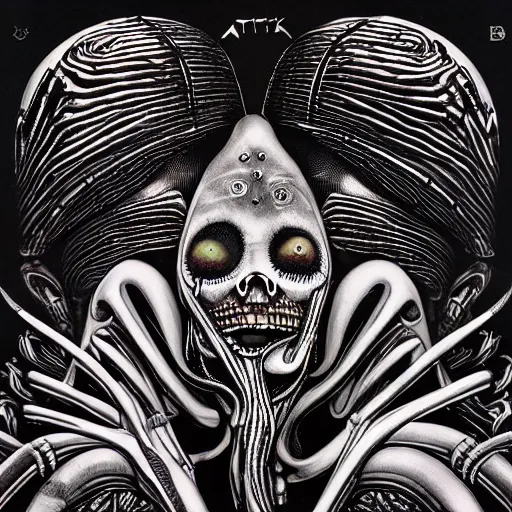 Prompt: album artwork designed by Attik and H.R. Giger for synth-pop band.