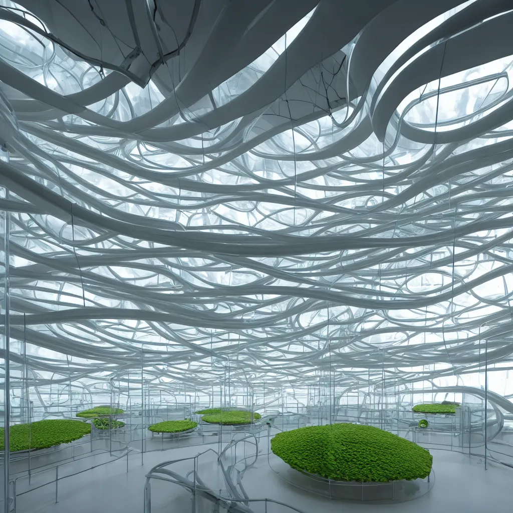 Prompt: a sci fi algae research laboratory with glass large tubes hanging from ceiling, curvilinear smooth interiors designed by toyo ito architect, volumetric light, highly detailed, unreal engine, futuristic building