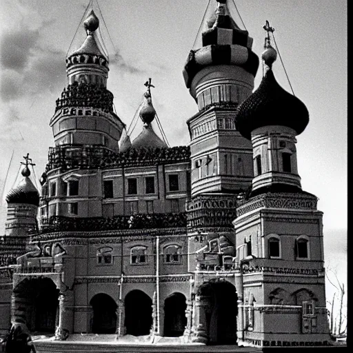 Image similar to ivan the terrible in his palace in moscow play with lego castle, kodak, old photo, black and white, film, wide lens, 1 6 mm,