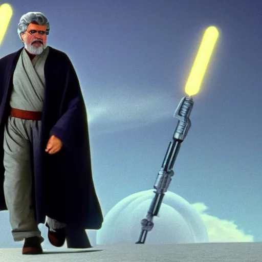 Image similar to a cinematic photo of george lucas dressed as a jedi on his way to work at the kwik - e - mart from the simpsons, beautiful, breaking bad, canon, elegant, star wars, 4 k,