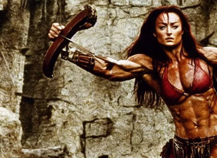 Prompt: still of muscular sophie turner in conan the barbarian directed by frank frazetta, high resolution