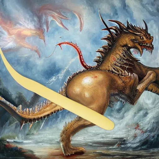 Prompt: a detailed oil painting of an action filled scene depicting jordan peterson slaying a dragon with a sword