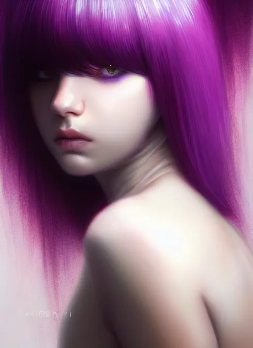 Image similar to hair whitebangs hair, black hair, whitebangs, portrait of teenage girl with white bangs, red irises, purple clothes, white bangs, bangs are different color from hair, intricate, elegant, glowing lights, highly detailed, digital painting, artstation, concept art, smooth, sharp focus, illustration, art by wlop, mars ravelo and greg rutkowski