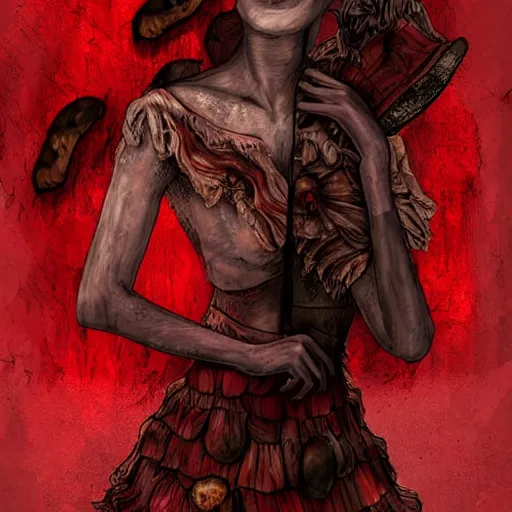 Image similar to detailed half body digital art for a game of a beautiful woman wearing ragged and ruined clothes merged with mushrooms. the background is pure red. dramatic camera angle