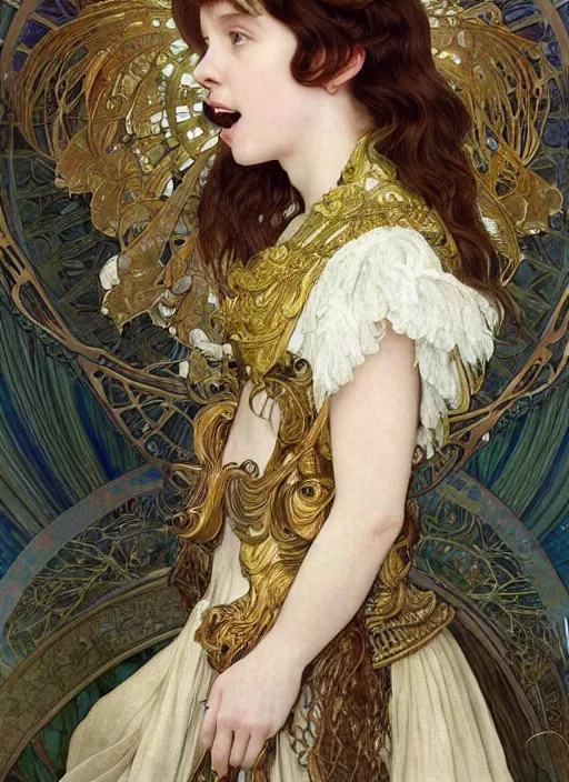 Prompt: realistic detailed painting of a 1 6 - year old girl who resembles millie bobby brown and saoirse ronan, mouth open, glowing, as an angel with a golden halo and white, feathered wings, wearing intricate, detailed full - plate art nouveau style armor, by alphonse mucha, ayami kojima amano, charlie bowater, karol bak, greg hildebrandt