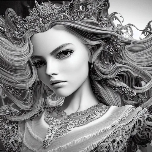 Prompt: wonderful princess, beautiful face, hyper detailed, flowing background intricate and detailed, ornate 8 k gorgeous intricate detailed, octane render,, black and white