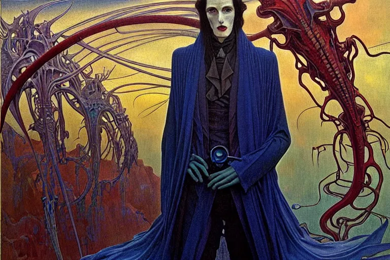 Image similar to realistic extremely detailed portrait painting of an elegantly creepy vampire man in cape, futuristic sci-fi landscape on background by Jean Delville, Amano, Yves Tanguy, Alphonse Mucha, Ernst Haeckel, Edward Robert Hughes, Roger Dean, rich moody colours, blue eyes