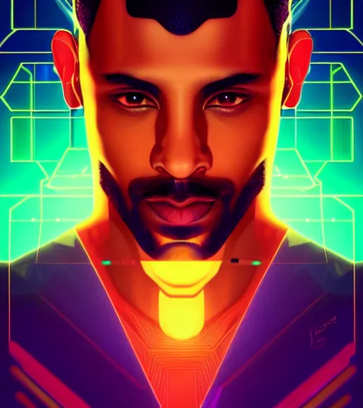 Image similar to symmetry!! egyptian king of technology, solid cube of light, hard edges, product render retro - futuristic poster scifi, lasers and neon circuits, brown skin handsome egyptian king, intricate, elegant, highly detailed, digital painting, artstation, concept art, smooth, sharp focus, illustration, dreamlike, art by artgerm