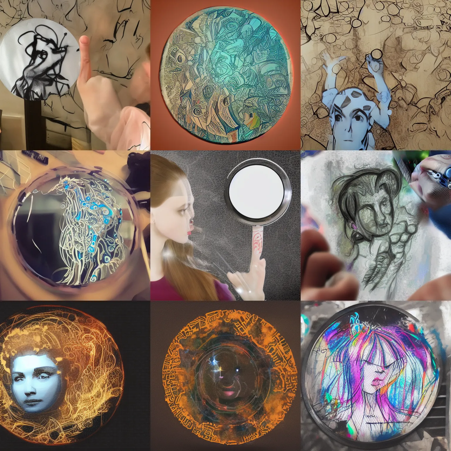 Prompt: advanced image generator ai doodling on a mirror while waiting for the singularity to make me into my avatar and remember all these ideas i have