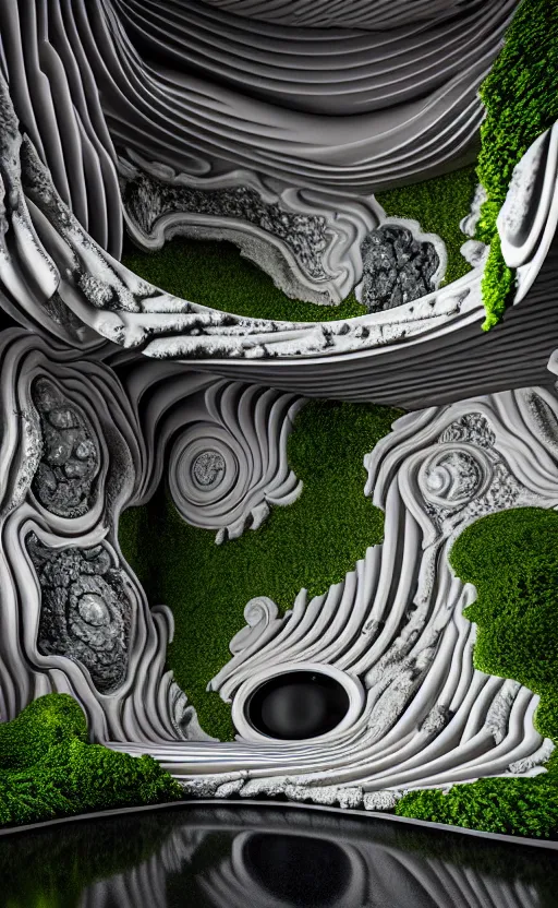 Image similar to highly detailed ultra sharp 3 d render villa interior cinematic composition of a smooth ceramic porcelain biomorphic magnolia stone nebula fluid fractal sci - fi surreal architecture landscape, granite, metallic, magnesium, marble, moss and lichen, vincent callebaut composition, mamou - mani, archviz, beautiful lighting, 8 k, unreal engine, hdr,