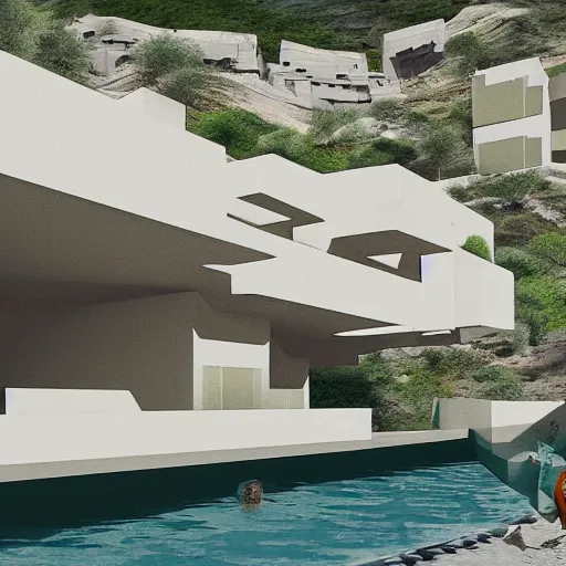 Prompt: architectural rendering of habitat 6 7 in the desert, biophilia mood, pool, garden, highly detailed, cinematic, photorealistic,