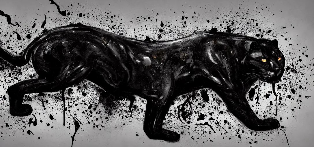 Prompt: the smooth panther, made of tar, sticky, full of tar, covered with tar, dripping tar, dripping tar, splattered tar, sticky tar. concept art, reflections, black goo, animal drawing, digital art, desktop background