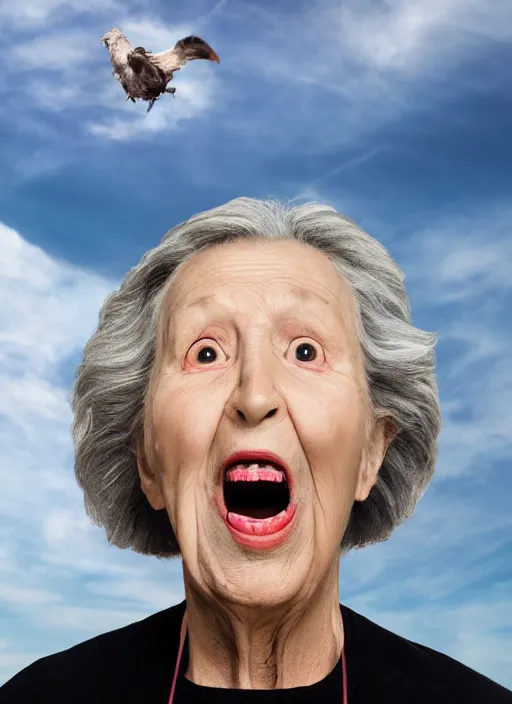 Prompt: a hyper realistic ultra realistic photograph of the 1000 foot tall grandma, highly detailed, 8k photo, screaming