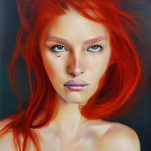 Image similar to hyperrealism oil painting of crying redhead fashion model portrait