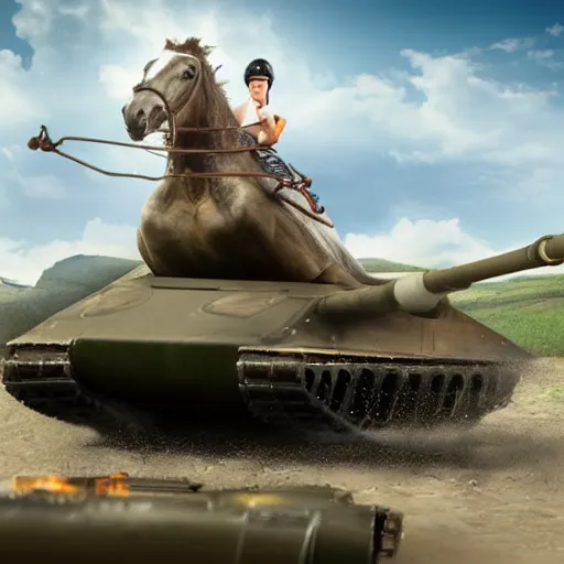 Image similar to a horse riding a tank while drinking a coffe and eating a turtle while driving a truck 4 k photo realistic