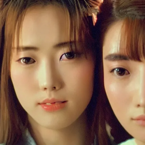 Image similar to 1990s, unbelievably beautiful, perfect, dynamic, epic, cinematic 8K HD movie shot of two semi-close-up japanese beautiful cute young J-Pop idols actresses girls, they express joy and posing together. By a Chinese movie director. Motion, VFX, Inspirational arthouse, high budget, hollywood style, at Behance, at Netflix, with Instagram filters, Photoshop, Adobe Lightroom, Adobe After Effects, taken with polaroid kodak portra