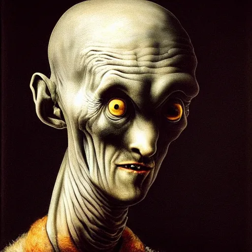 Prompt: portrait of a grey alien with black almond shaped eyes, painting by Rembrandt, epic lighting