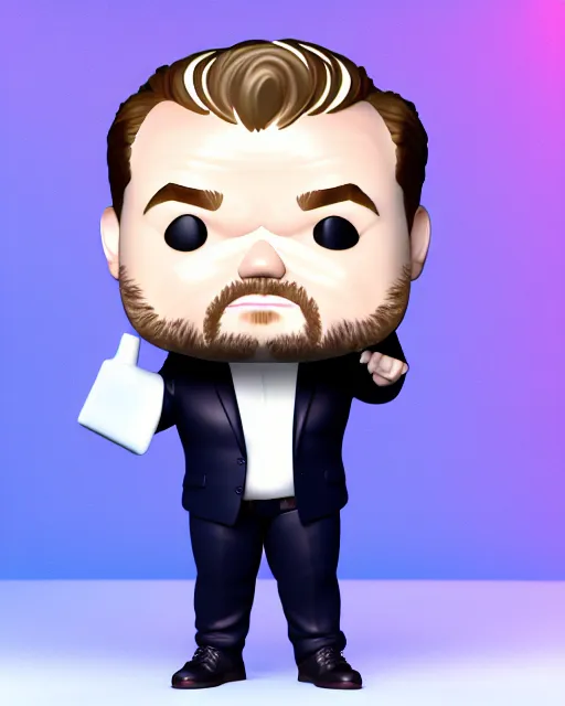 Image similar to full body 3d render of James Corden as a funko pop, studio lighting, white background, blender, trending on artstation, 8k, highly detailed , intricate details