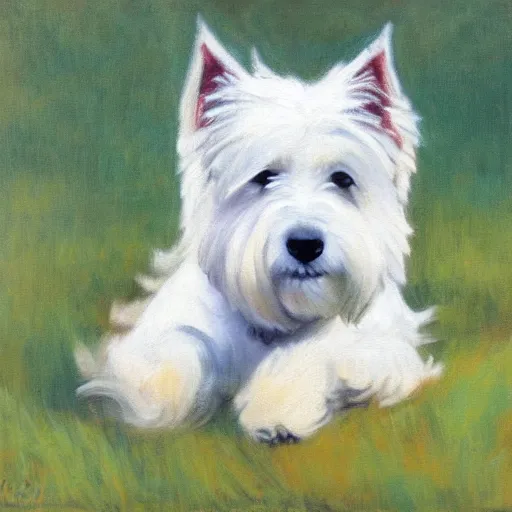 Image similar to a painting of a westie in the style of Rosa Bonheur