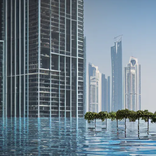 Image similar to dubai completely flooded, aftermath of a tsunami, perspective from a balcony, 4k, photorealistic, octane