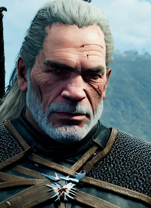 Image similar to Tommy Lee Jones in The Witcher 3, gameplay, 8k, HD