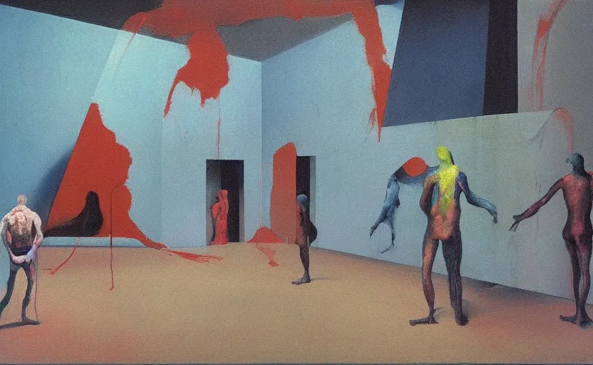 Prompt: an empty room in the style of constructivism, exhibition of paintings, people standing, blurred, grotesque, doomed, neural acrylic paint, high resolution, gouache on canvas, ultra detailed, vibrant colors, grotesque, wrapped thermal background, art by francis bacon, beksinski painting