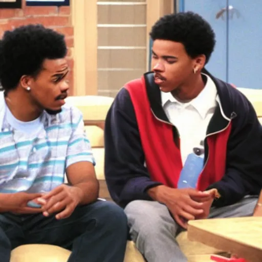 Image similar to a tv still of Chance The Rapper starring as a black college student at Jones College Prep in a 1993 sitcom