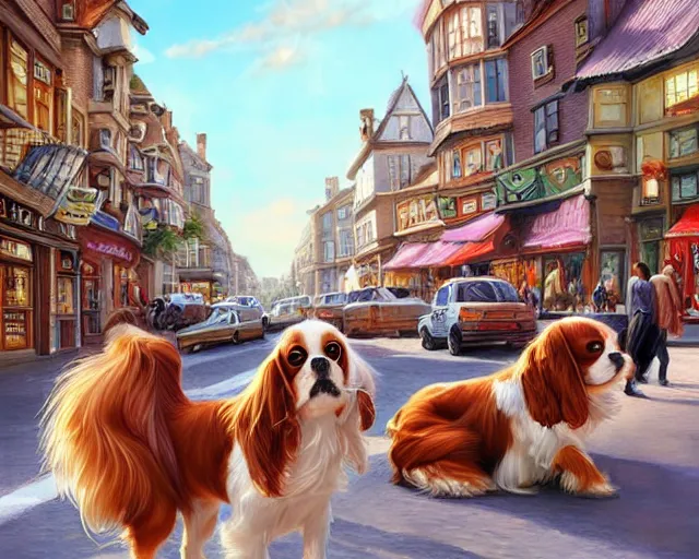 Prompt: bustling city street, many cavalier king charles spaniel dogs, dogs everywhere, quaint market town, art by artgerm