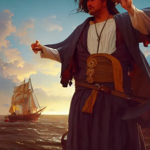 Image similar to Christopher Columbus, first step in New World, highly detailed, digital painting, artstation, concept art, sharp focus, illustration, art by artgerm and greg rutkowski and alphonse mucha