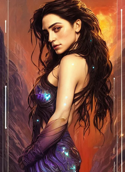 Image similar to altered carbon, Maya Ali as a sorceress, side view, tarot card, sweat drops, fibonacci, fractals, insane, prismatic, intricate, highly detailed, digital painting, artstation, concept art, smooth, sharp focus, illustration, Unreal Engine 5, 8K, art by artgerm and greg rutkowski and alphonse mucha