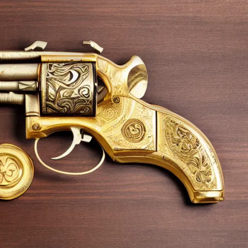 Image similar to golden revolver with engravings laying on a wooden table, high detail, complex