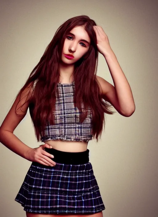 Image similar to gorgeous teen girl in plaid mini skirt and crop top, beautiful face, intricate, extremely detailed, modeling photography, 8 0 mm camera, dramatic lighting, dark room, body and face