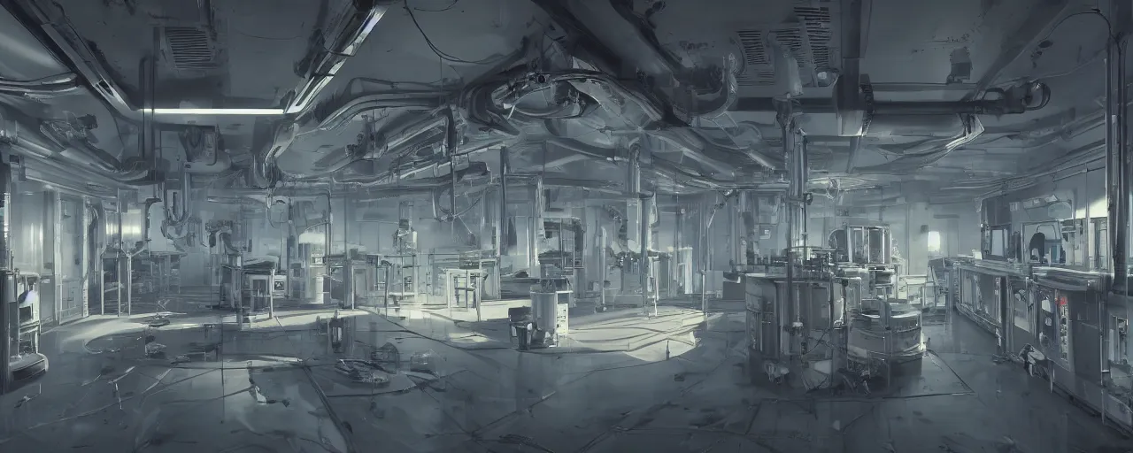 Image similar to interior of a lab with a reactor in the middle of the room and lots of wirings hanging from ceiling and pipes in the walls with big exhaust fan on the wall scifi, 8 k uhd, unreal engine, octane render in the artstyle of finnian macmanus, john park and greg rutkowski