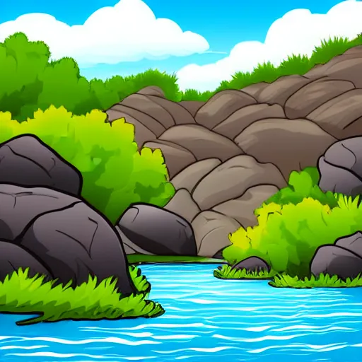 Prompt: a beautiful landscape, river, rocks, trees, cartoon