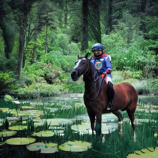 Image similar to A photo of an astronaut riding a horse in the forest. There is a river in front of them with water lilies.